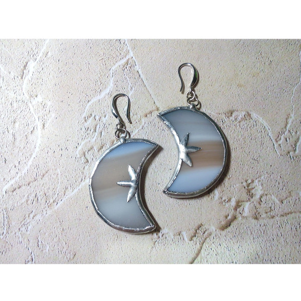 Glass crescent earrings-Moon and stars-Witchy-goth aesthetic-Tin soldered-moon earrings-Halloween-Witch earrings (6).jpg