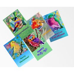 set of greeting cards, merry christmas card, digital download original art, owl goldfinch robin, 5 cards, holiday card