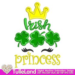 St Patrick's Day Irish Princess  Lucky Charm Clover Green shamrock Irish Clover Applique Design for Machine Embroidery