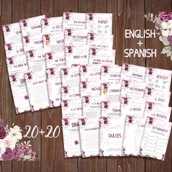 Maroon Floral Bilingual Bridal Shower Games, Despedida de Soltera Juegos, Spanish English Bridal Shower Games Printable
