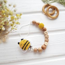 Personalised dummy clip bee for girl - wood pacifier clip with name - wooden binky clip - Schnullerkette mit Namen Biene