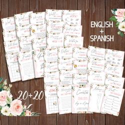 Pink Rose Bilingual Bridal Shower Games, Despedida de Soltera Juegos, Spanish English Bridal Shower Games Printable