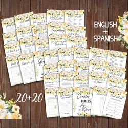 Yellow Floral Bilingual Bridal Shower Games, Despedida de Soltera Juegos, Spanish English Bridal Shower Games Printable