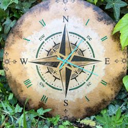 Large silent wood wall clock nautical wind rose compass