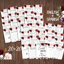 Red Rose Floral Bilingual Bridal Shower Games Despedida de Soltera Juegos, Spanish English Bridal Shower Games Printable