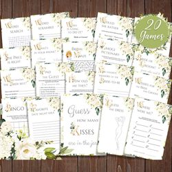 white rose bridal shower games bundle, bridal shower games printable, bridal shower party, hen party games, bride to be