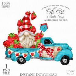 Strawberry Truck Gnome Clipart. Hand Drawn Graphics, Instant Download. Digital Download. OliArtStudioShop