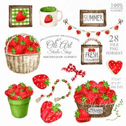Strawberry, Decor Elements Clip Art. Summer Designs, Hand Drawn graphics. Digital Download. OliArtStudioShop