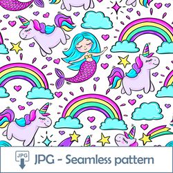 Mermaid Unicorn Seamless pattern 1 JPG file Digital Paper Rainbow Design Repeating template for Little Girl Download