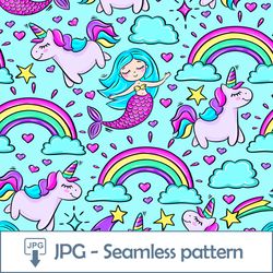 Mermaid Rainbow Unicorn pattern 1 JPG file Digital Paper Rainbow Design for Little Girl blue background Digital Download