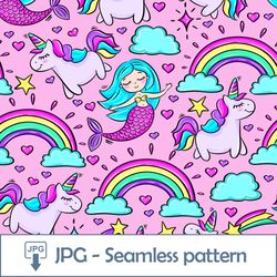 Mermaid Rainbow Unicorn Seamless pattern 1 JPG file Digital Paper Design for Little Princess Pink background Download