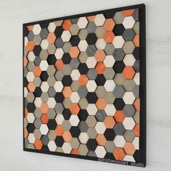 Scandinavian hexagon cutted wood wall art in gray, white, black, orange and bronze, Honeycomb wood home decor,