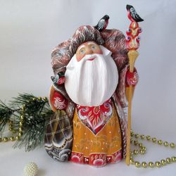 Collectable wooden Santa, hand carved Santa, woodcarving figure, Christmas decor figure, Santa with three birds