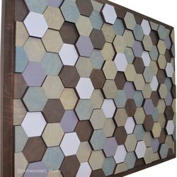 Scandinavian hexagon wood wall art in warm gray, grayish blue, lilac, lavender, chocolate, Honeycomb wood home decor,