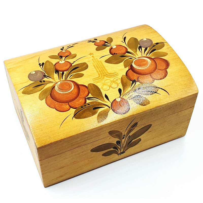 1 Vintage Wooden Casket box Gorodets painting Olympic Games in Moscow 1980.jpg