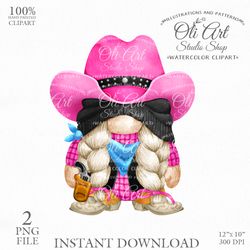 Cowboy Gnome Clip Art, Pink Cowboy Hat, Hand painted clipart, Instant Download. Digital Download. OliArtStudioShop
