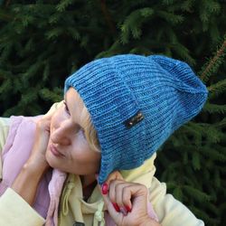 Merino wool hat, Autumn winter beanie, Blue women hat, Hand dyed warm hat