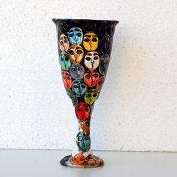 Ceramic Wine Glass Hand painted Rainbow multicolored faces Ceramic Goblet Handmade Pottery Art object Cup with painting