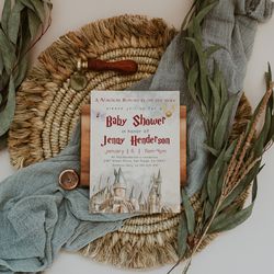 wizard baby shower invitation. editable magic school invitation. printable baby shower template canva