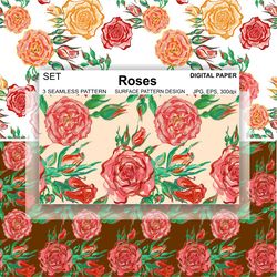 Roses Seamless Pattern Flowers Digital Paper Surface Design Retro Vector beige Wallpaper