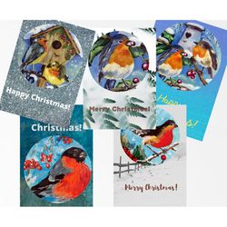 Christmas Cards with Birds Painting, Set of 5 Printable Holiday Cards, Digital greeting card, Printable Xmas cards