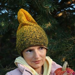 Witch hat, Elf pixie beanie, Goth knit hat, Halloween wool handmade hat, Pumpkin slouchy beanie, Hand dyed merino yarn