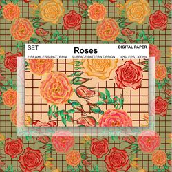 Roses wallpaper seamless, Flowers Digital Paper, Surface Design, Cage Background Vector Grid Retro Textile Fabric