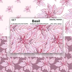 Pink leaves Wallpaper, Basil Seamless Pattern, Digital Paper, Surface Design, herbs vector background