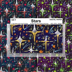 Star Background, Night sky seamless pattern, Digital Paper, Surface Design, Stars Vector, Wallpaper