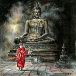 little boy buddhist monk and buddha. original color pencils drawing 8x8''