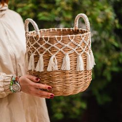 Large round laundry basket. Boho storage Basket. Large basket. Flower Basket. Macrame basket. Fresh laundry basket.