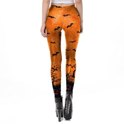 Orange Halloween Leggings Womens Printed Spooky Bats  Pumpkins Pattern Leggings Hight Waisted