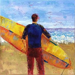 Surfer Painting Surfing Original Oil Art Coastal Man Artwork Seascape Beach Sport Wall Art Impasto Surfer gift by Olkosi
