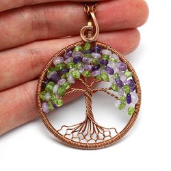 Amethyst Peridot Pendant Copper Tree Of Life Necklace Healing Crystal Necklace Natural Gemstone Necklace