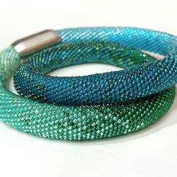 Crochet rope necklace - Emerald blue gradient bead crochet necklace