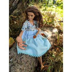 Barbie floral dress, cottagecore style doll clothes, province style dress for Barbie, V-neckline blue doll dress.