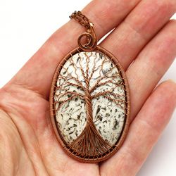 Tree Of Life Necklace Statement Wire Wrapped Necklace Pegmatite Pendant Copper Anniversary Gift For Husband Gift For Her