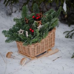 Christmas basket Wicker sleigh home decor. Sleigh. Holiday basket. Christmas Tree Toy Sleigh Mini Wicker Sleigh.