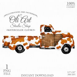 Truck, Cow print. Hand painted clipart. Hand Drawn graphics. Digital Download. OliArtStudioShop