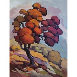 Tree on the mountainside Original painting on canvas. Autumn landscape.