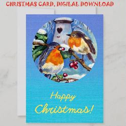 Happy Christmas Card, Digital download, Robin bird greeting card, Christmas gift tags, Printable Xmas card