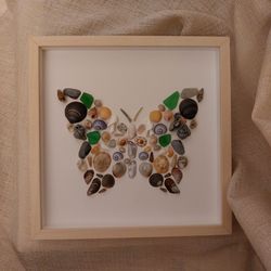 Butterfly made of shells and sea glass in a frame. Framed butterfly. Wall art made from seashells. Butterfly art.