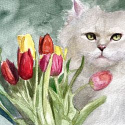Cat with flowers watercolor painting, original art, painting, watercolour, original inspiring art