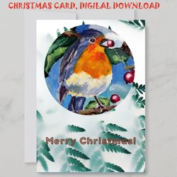 printable xmas card, winter birds greeting card handmade, christmas gift, digital download