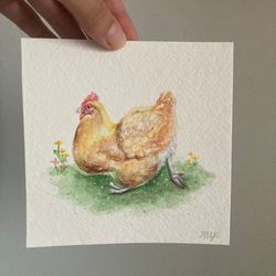 Little Chicken Watercolor Painting, Original Watercolor Animals, Cottagecore Painting, Small Wall Decor, Farm Animals