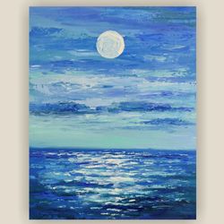 Seascape painting original art moonlit night artwork ocean oil painting full moon night wall art