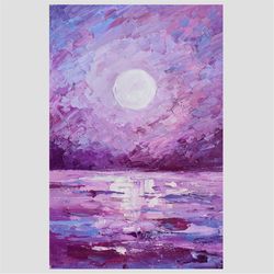 Seascape original painting Ocean wall art Full moon night oil painting Moonlit Night artwork Purple home decor