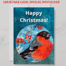 Snowbird Christmas postcard, Digital Greeting Card, Bullfinch digital Art