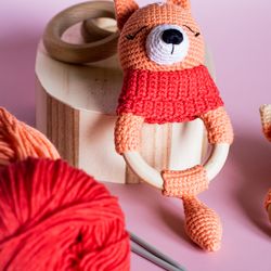 crochet baby rattle, fox baby rattle, crochet fox toy, woodland baby shower, montessori bell rattle, fox baby rattle
