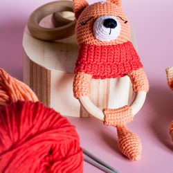 crochet baby rattle, fox baby rattle, crochet fox toy, woodland baby shower, montessori bell rattle, fox baby rattle